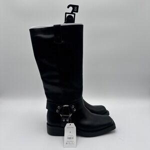 Time And Tru Tall Buckle Moto Boots Women's 8 Black Biker Square Toe NWT No Box